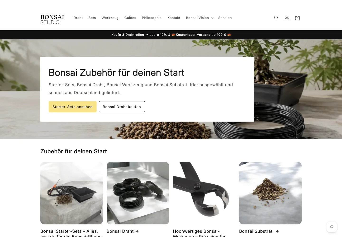 Öffentliche Startseite des Bonsai Studio Onlineshops