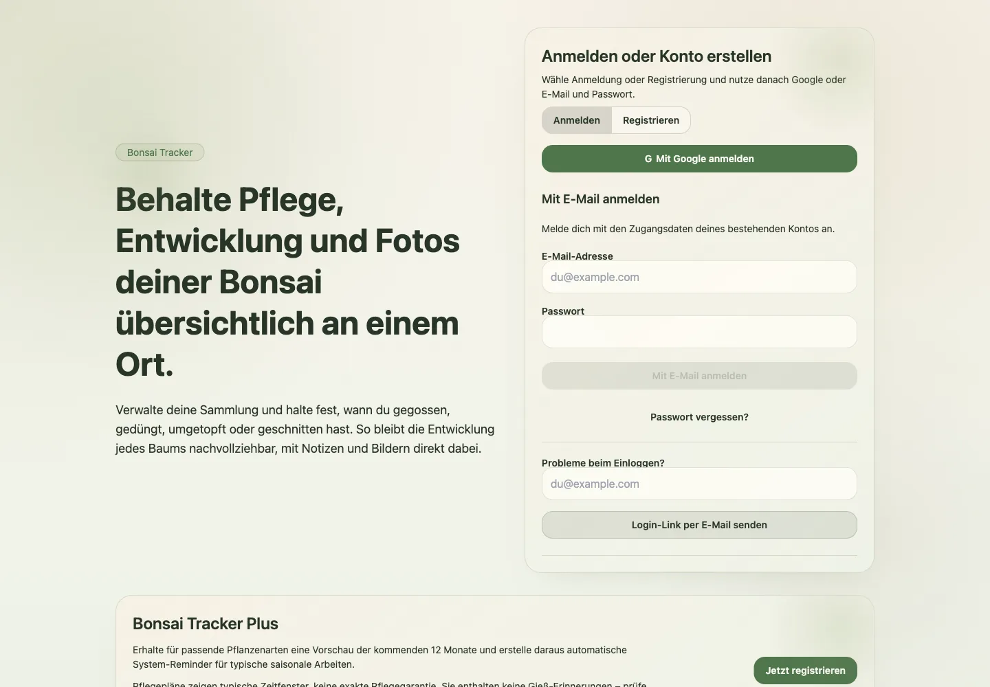 Öffentliche Start- und Anmeldeseite des Bonsai Trackers